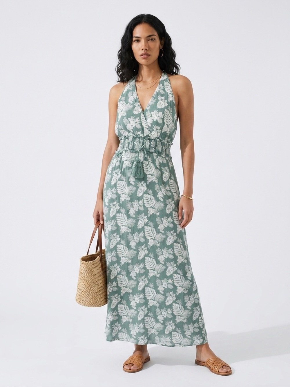 Sage Green Boho Botanical Floral Halter Maxi Dress by Daisies Gardencore